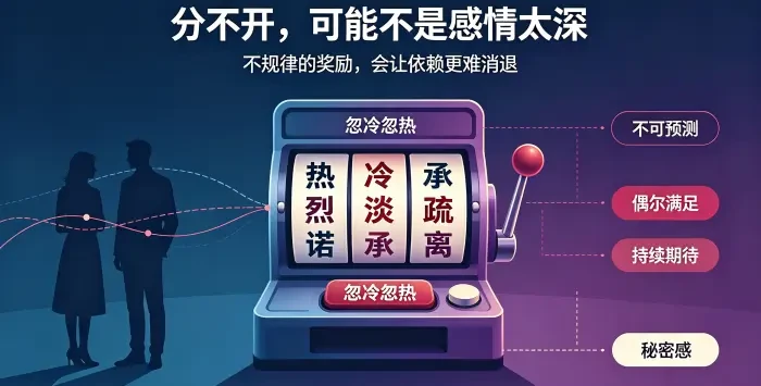 用 “忽冷忽热” 的奖励节奏解释婚外关系依赖，突出不可预测奖励、持续期待与秘密感。