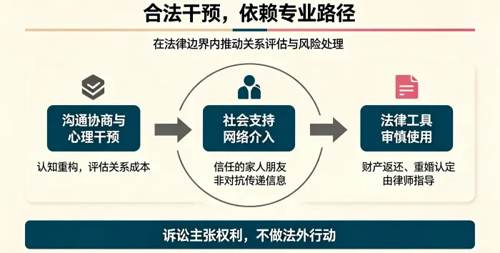 **合法干预操作框架图** 呈现沟通协商与心理干预、社会支持网络介入、法律工具审慎使用三条合法路径，强调通过专业方式处理关系成本与法律风险。