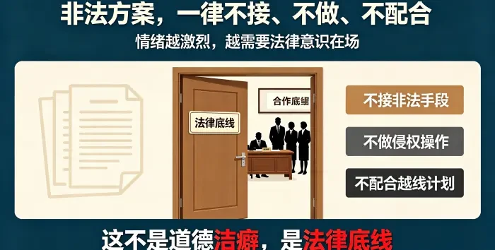 1. **接案法律底线示意图** 以审核门和律师意见书表达 “非法方案一律不接、不做、不配合” 的接案门槛，强调情绪激烈时更应守住法律边界。  今天 20:32