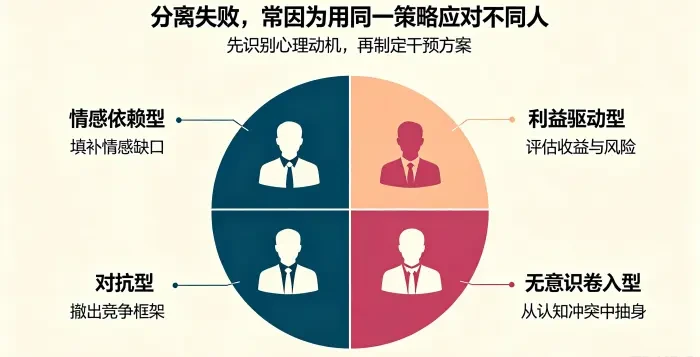 **第三者类型与干预逻辑总览图** 以关系系统圆盘呈现四类第三者画像，强调情感依赖型、利益驱动型、对抗型、无意识卷入型需要不同干预策略。