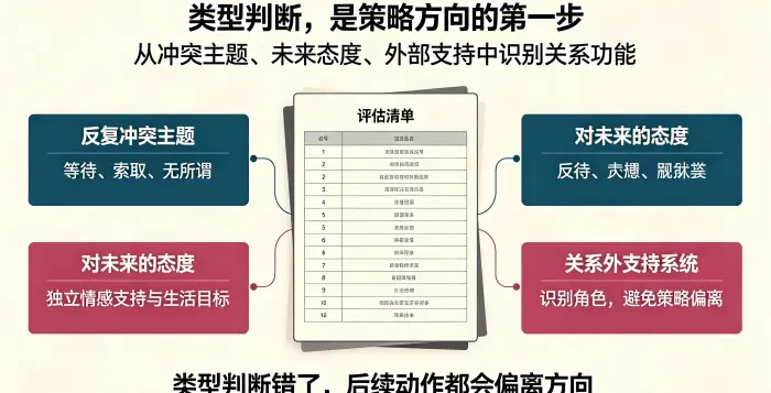 **第三者类型判断指标评估图** 通过关系冲突主题、对未来态度、关系外支持系统三个模块，说明类型判断是制定分离策略的第一步。