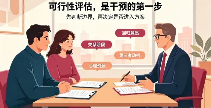1. **可行性评估咨询场景图** 呈现婚姻干预顾问与委托方进行结构化接案评估的场景，强调先评估边界，再决定是否进入分离方案。 2.