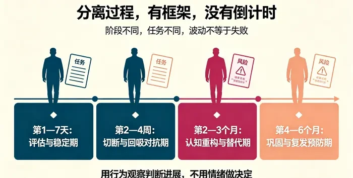 **：分离第三者干预时间线总览图** 用四段时间轴展示评估与稳定期、切断与回吸对抗期、认知重构与替代期、巩固与复发预防期，说明分离有框架但不是倒计时。
