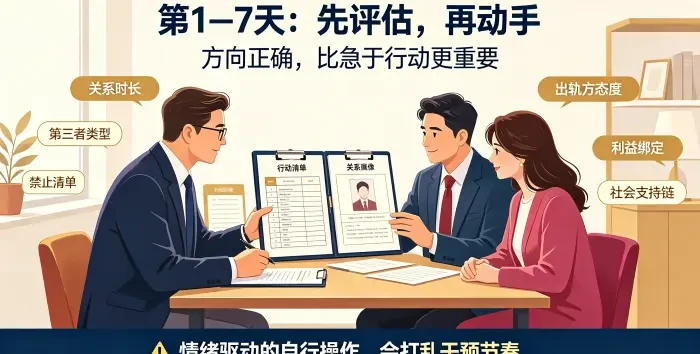 **接案评估与情绪稳定咨询场景图** 呈现顾问与委托方梳理关系画像、行动清单和禁止清单，强调前七天先稳定情绪、明确方向。
