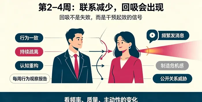 **切断联系与回吸对抗示意图** 用关系线断开与消息预警表现回吸阶段，说明联系减少后的纠缠是干预起效信号，应看行为变化而非情绪判断。