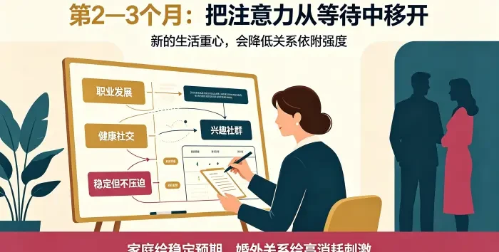 **认知重构与生活替代咨询场景图** 展示第三者建立职业、社交、兴趣等新重心，以及委托方与出轨方形成稳定但不压迫的相处节奏。