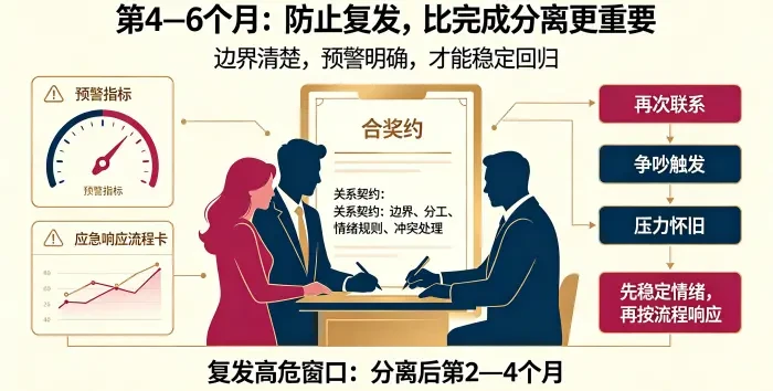 **巩固与复发预防信息图** 通过关系契约、预警指标和应急响应流程，强调分离后第 2 至 4 个月是复发高危窗口，需要稳定预防机制。
