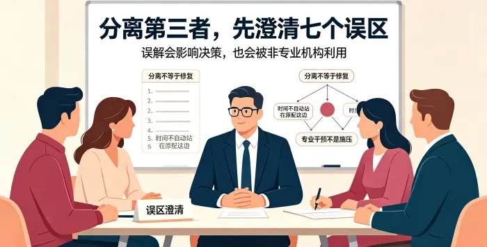 **分离第三者误区澄清咨询场景图** 呈现顾问与委托方夫妻梳理七个常见误区，强调先澄清误解，再做理性决策。