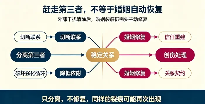 **分离第三者与婚姻修复双路径图** 用并行路径说明分离目标与修复目标不同，外部干扰清除后，婚姻裂痕仍需主动修复。