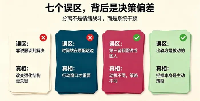 **七个常见误区与真相对照信息图** 集中对照 “说服谈判、时间优势、第三者动机、出轨方被动性” 等误区，突出分离是系统干预。