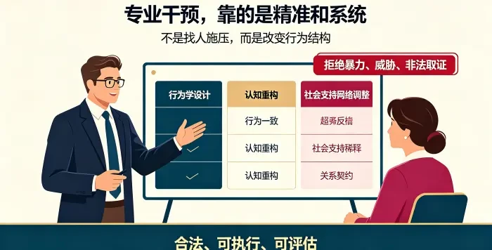 **合法专业干预路径咨询场景图** 展示行为学设计、认知重构、社会支持网络调整三类合法路径，强调专业干预靠精准系统而非蛮力。