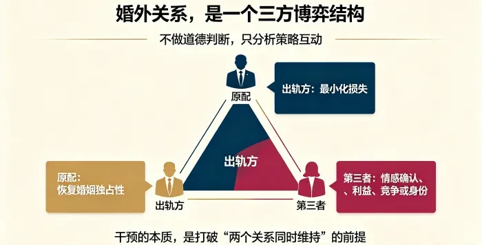 **婚外关系三方博弈结构图** 用三角关系图呈现原配、出轨方、第三者的不同诉求，说明干预本质是打破 “两个关系同时维持” 的前提。