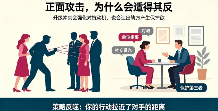 1. **正面攻击策略反噬咨询场景图** 展示对峙、闹事、曝光等行为可能强化第三者对抗动机，并让出轨方产生保护欲，导致策略反噬。 2.