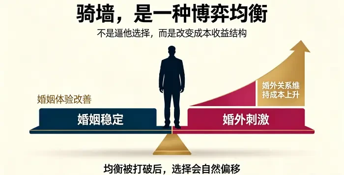 **出轨方骑墙策略与均衡破坏图** 用平衡板说明出轨方在婚姻稳定与婚外刺激之间的骑墙状态，强调通过成本收益结构变化推动选择偏移。