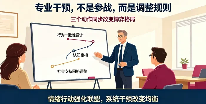 **博弈规则调整者咨询场景图** 呈现顾问通过行为一致性设计、认知重构、社会支持网络调整同步改变博弈格局，突出系统干预而非情绪对抗。