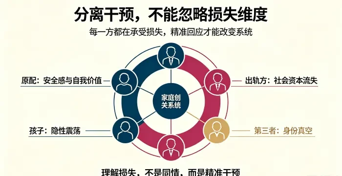 1. **婚外关系五类损失总览图** 用关系系统圆盘呈现原配、出轨方、第三者、孩子、原生家庭五类损失,说明精准回应各方痛点是系统干预的关键。 2.