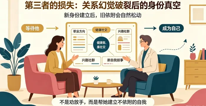 **第三者替代性身份认同重建场景图** 呈现第三者在顾问支持下建立职业、社交、兴趣与新自我叙事,减少对婚外关系的依附。