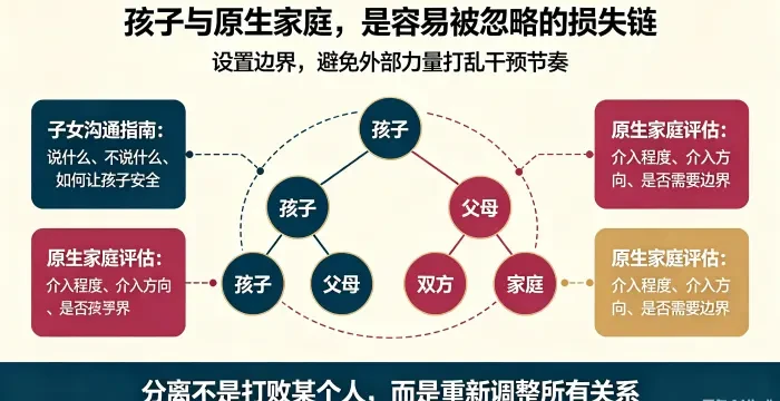 **孩子与原生家庭损失链及边界设置图** 通过家庭关系树说明孩子的隐性震荡和原生家庭连锁反应,强调必要时设置边界以保护干预节奏。