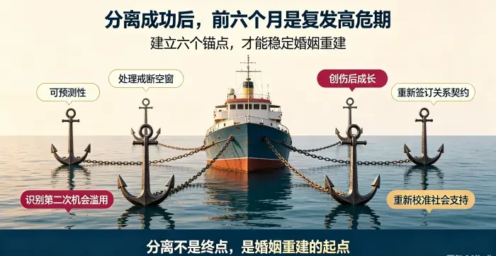 **分离后防止复发六个锚点总览图** 用六枚锚的视觉结构呈现可预测性、戒断空窗处理、创伤后成长、关系契约、复发信号识别和社会支持校准。