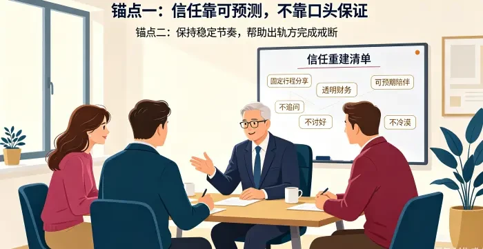 **信任重建与戒断空窗期咨询场景图** 展示夫妻在顾问协助下制定信任重建清单,通过固定行程、透明财务、稳定陪伴和不追问不讨好的节奏处理戒断期。