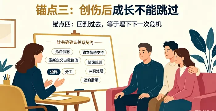 1. **原配创伤后成长与关系契约场景图** 呈现委托方处理创伤、建立独立支持系统,并与出轨方重新确认边界、分工、情绪规则和冲突处理方式。 2.