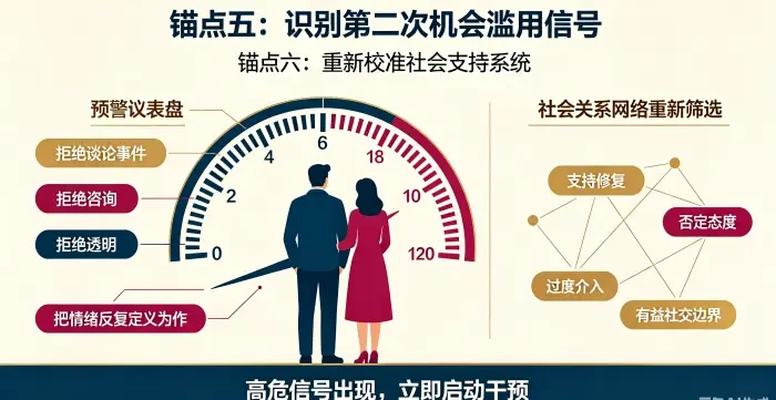 **复发预警信号与社会支持校准信息图** 通过预警仪表盘和关系网络,说明识别 “第二次机会滥用” 信号的重要性,并重新建立有益于婚姻修复的社交边界。