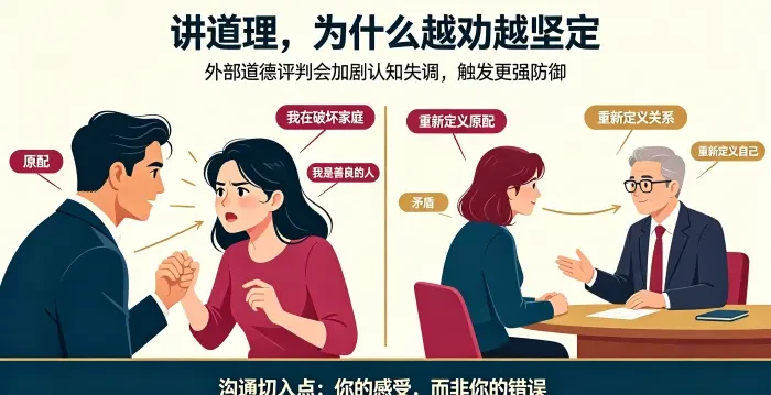 **讲道理无效与认知防御咨询场景图** 对比对峙讲道理与温和沟通两种状态，说明道德评判会加剧认知失调，让第三者更坚定地维护原有认知。