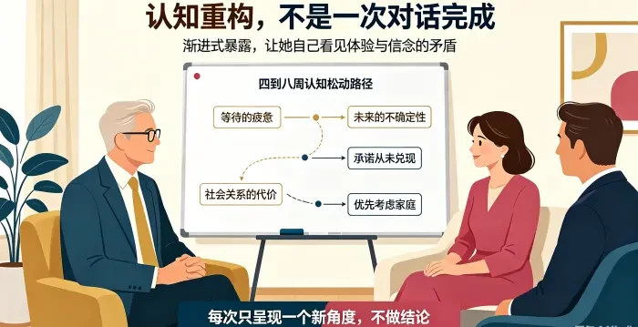 **认知松动期与渐进式暴露咨询场景图** 呈现顾问引导第三者关注等待疲惫、未来不确定、承诺未兑现等真实体验，通过四到八周渐进式暴露促进认知自然松动。