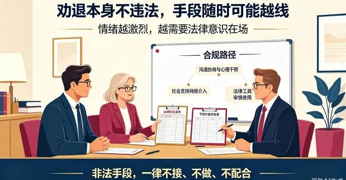 **合法劝退干预与法律底线咨询场景图** 呈现顾问、律师与委托方共同评估干预方案，强调劝退手段必须守住法律边界，非法手段一律不接、不做、不配合。