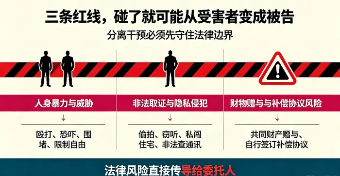 **三条法律红线警示信息图** 用红黑清单展示人身暴力与威胁、非法取证与隐私侵犯、财物赠与与补偿协议风险，说明越线可能导致委托人承担法律责任。