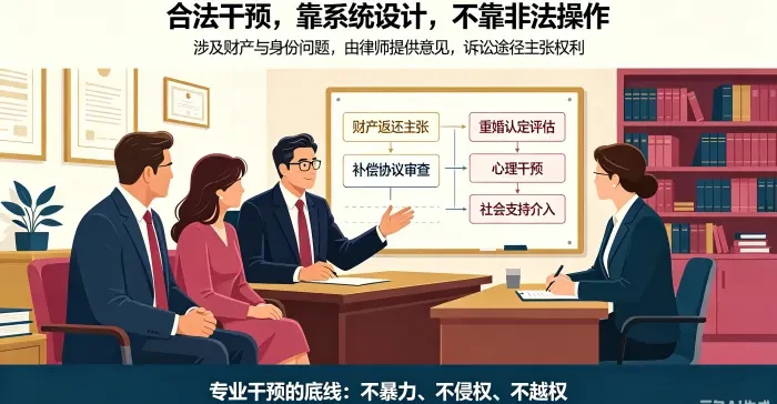 **合法干预路径与律师咨询场景图** 展示合作律师就财产返还、重婚认定、补偿协议审查提供意见，结合心理干预和社会支持介入，形成合规操作框架。