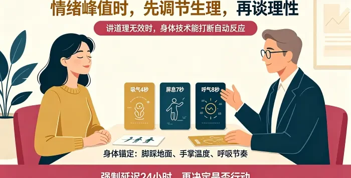 **生理调节优先咨询场景图** 展示顾问指导委托方通过呼吸节奏、身体锚定和延迟决策降低情绪唤醒,说明高情绪状态下先调节生理。