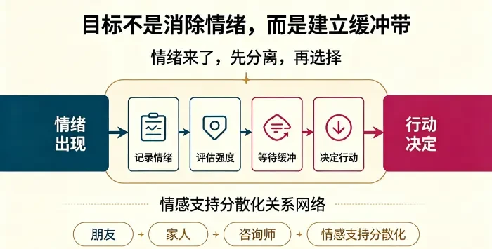 **情绪与行动分离机制信息图** 用缓冲带说明 “记录情绪 — 评估强度 — 等待缓冲 — 决定行动” 的分离流程,并呈现朋友、家人、咨询师构成的多元情感支持网络。