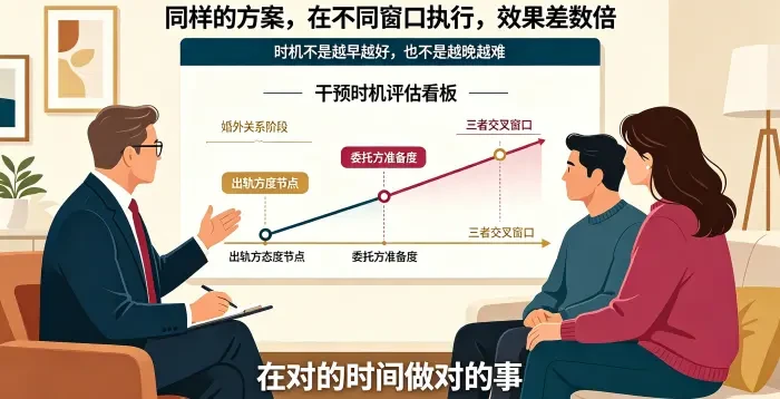 **干预时机评估看板咨询场景图** 呈现顾问与委托方夫妻通过关系阶段、出轨方态度节点、委托方准备度三个维度交叉判断最佳干预窗口。