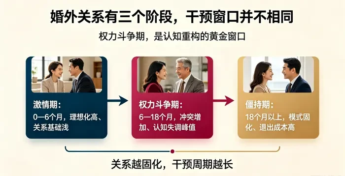 1. **婚外关系三阶段与干预窗口信息图** 用时间轴说明激情期、权力斗争期、僵持期的关系特征与干预难度,突出权力斗争期是认知重构黄金窗口。 2.