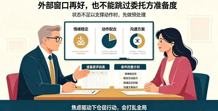 **委托方准备度评估与条件改善期咨询场景图** 展示顾问评估委托方情绪稳定、动作配合和沟通执行能力,强调状态不足时先做预处理,不在焦虑中仓促行动。