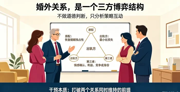 **婚外关系三方博弈结构咨询场景图** 呈现顾问与委托方通过三角关系图分析原配、出轨方、第三者的不同诉求，说明干预本质是打破 “两个关系同时维持” 的前提。