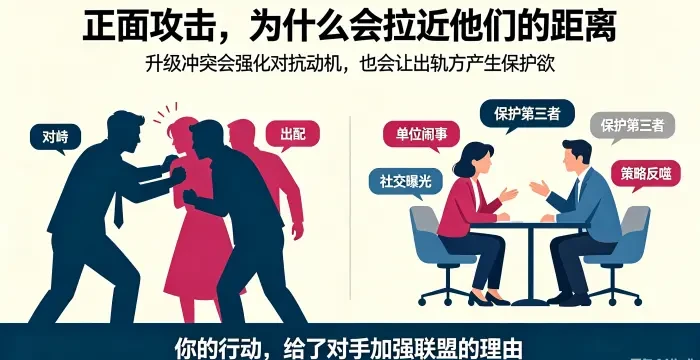 正面攻击策略反噬咨询场景图 展示对峙、闹事、曝光等行为触发第三者对抗动机，并让出轨方产生保护欲，导致策略反噬。