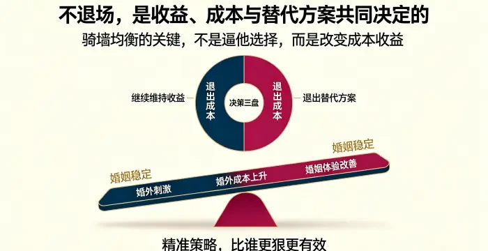 **第三者退出变量与骑墙均衡信息图** 用决策圆盘和平衡板说明第三者是否退场取决于收益、成本和替代方案，而出轨方骑墙状态会随成本收益结构变化发生偏移。