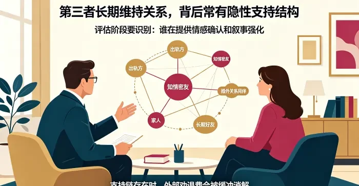 **第三者社会支持链识别与评估咨询场景图** 呈现顾问通过关系网络图识别第三者背后的出轨方、密友、同伴、家人等隐性支持节点，说明支持链会缓冲外部干预。