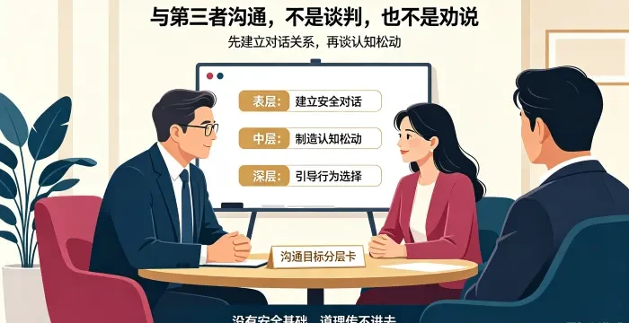 与第三者结构化专业对话咨询场景图 呈现顾问通过表层、中层、深层目标分层，先建立安全对话关系，再逐步引导认知松动与行为选择。