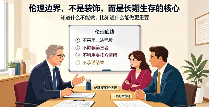 **伦理边界与专业接案咨询场景图** 呈现顾问与委托方夫妻围绕伦理接案评估表沟通，强调非法手段、欺骗、情绪利用和结果承诺四条底线。