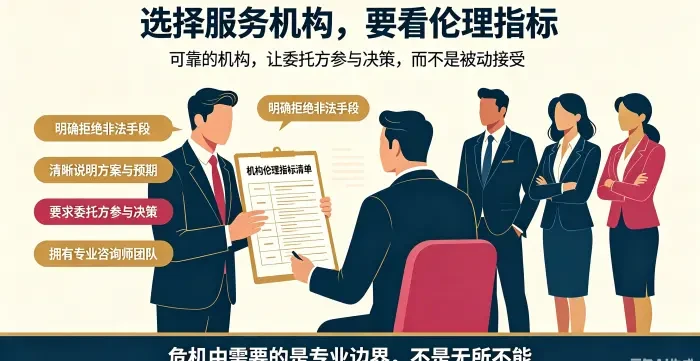 **委托方保护与行业伦理指标咨询场景图** 展示顾问向委托方说明机构选择指标，强调拒绝非法手段、清晰方案、参与决策和专业团队是判断可靠性的基础。