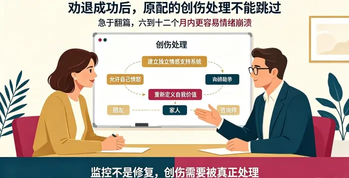 原配创伤处理与情感支持系统咨询场景图 展示顾问帮助委托方建立独立情感支持系统，允许愤怒并重新定义自我价值，强调创伤处理不能被翻篇式忽略。