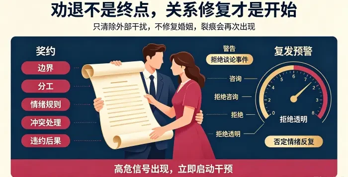 关系契约重新签订与复发预防信息图 用契约卷轴和预警仪表盘呈现边界、分工、情绪规则、冲突处理及复发高危信号，说明劝退成功后必须同步修复婚姻。