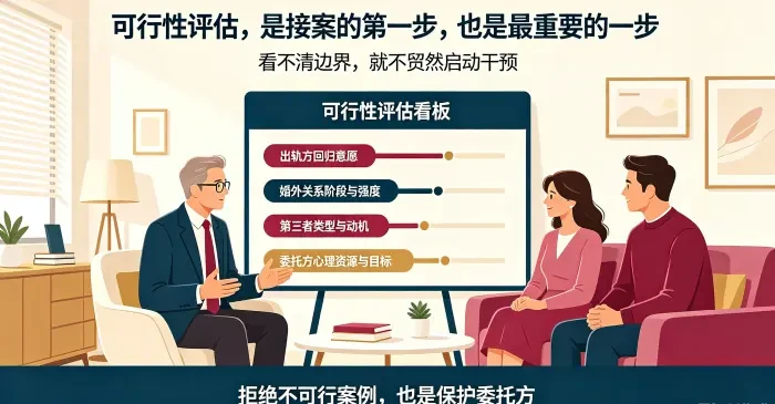 接案可行性评估咨询场景图 呈现顾问与委托方夫妻通过回归意愿、关系阶段、第三者动机、委托方资源四个维度判断干预边界，强调拒绝不可行案例也是保护委托方。 2.