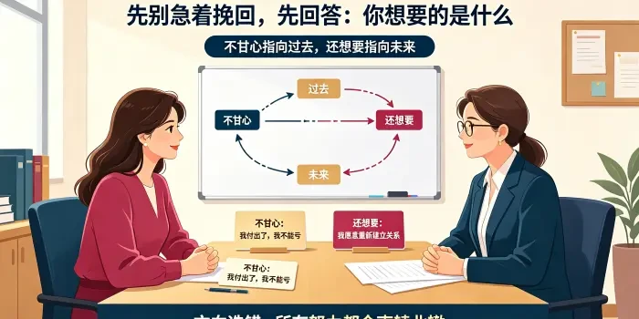 **挽回动机区分咨询场景图** 呈现顾问引导委托方识别 “不甘心” 与 “还想要” 的差异,强调先确认目标方向,再决定是否启动挽回。