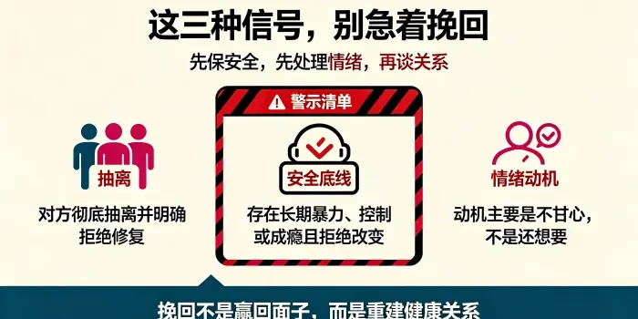 **不适合挽回三种信号信息图** 用警示清单说明对方彻底抽离、长期暴力控制且拒绝改变、动机以不甘心为主时,应暂停挽回并优先保护自己。