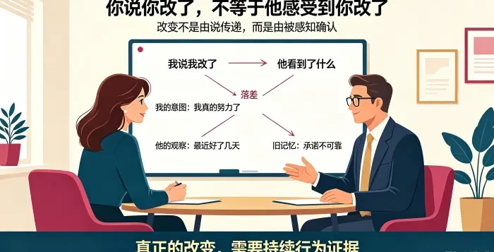 **改变的感知鸿沟咨询场景图** 呈现顾问帮助委托方区分 “我的意图” 与 “对方的观察”,说明旧记忆会让对方把改变归类为表演,需要持续行为证据。