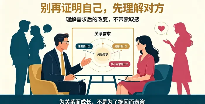 **从证明自己转向理解对方咨询场景图** 展示顾问引导委托方关注对方的需要、恐惧和核心诉求,说明不带索取感的改变才能被真实感知。